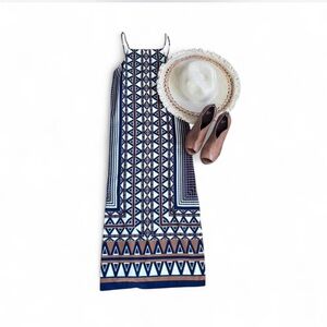 Topshop Blue and Brown Geometric Maxi Dress